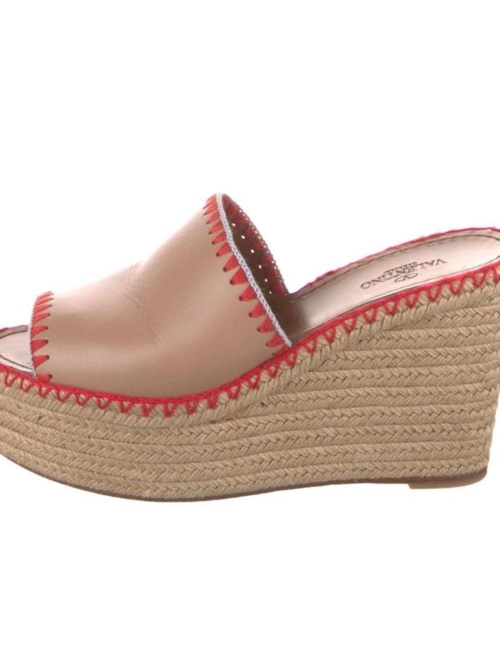 Valentino Garavani Tan Espadrille Wedge Mule with Red Trim